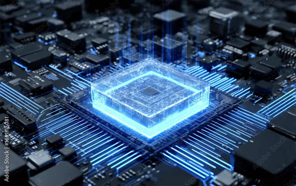 Poster high-tech circuit board with glowing central processor
