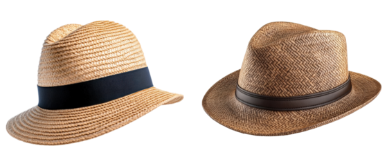 Two straw hats with different bands are displayed against  isolated on transparency PNG background, ideal for fashion, summer, or holiday themes in marketing or editorial use