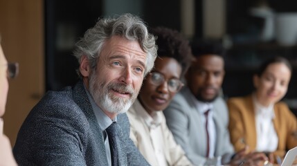 mature businessman leader mentor talking to diverse colleagues team listening to caucasian ceo multicultural professionals project managers group negotiating in boardroom at meeting vertical no logos