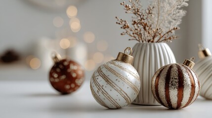 modern holiday decor sleek christmas ornaments on a white table in a minimalistic interior with neutral tones as backdrop