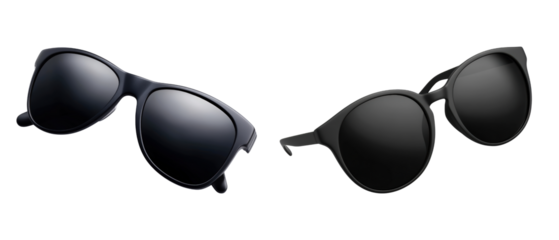 Two pairs of sleek black sunglasses with reflective lenses are displayed against  isolated on transparency PNG background, suitable for marketing, fashion adverts, and summer promotions,