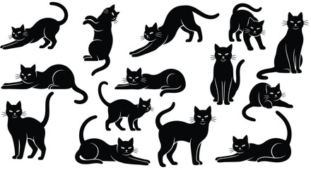 Collection of black cat silhouettes in various poses, including stretching, playing, sitting, and standing, isolated on a
