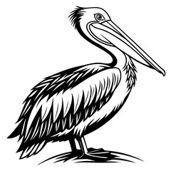 Stylized black and white pelican illustration