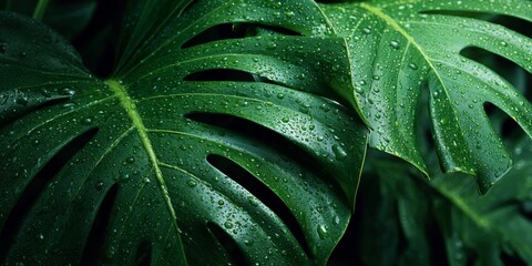 Fototapeta premium Lush Green Monstera Leaves with Water Drops Capturing the Essence of Tropical Nature and Plant Aesthetics