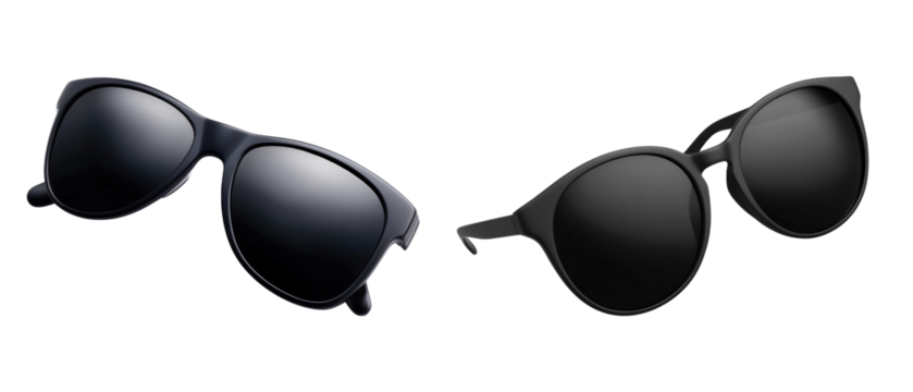 Two pairs of sleek black sunglasses with reflective lenses are displayed against  isolated on transparency PNG background, suitable for marketing, fashion adverts, and summer promotions,