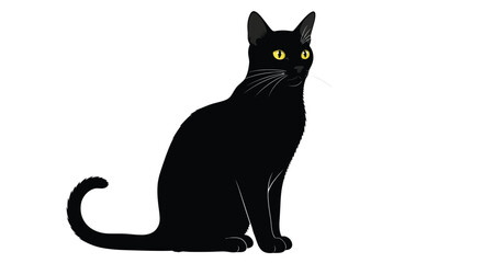 A realistic black cat with bright yellow eyes sitting and looking to the side