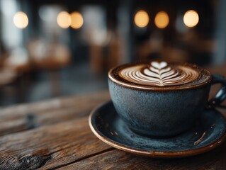 A steaming cup of latte with intricate latte art on a saucer, placed on a rustic wooden table with blurred warm lights in the background
