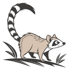 Obraz premium Cute cartoon raccoon walking through grass with a striped tail
