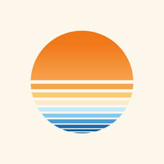 Retro summer sunset beach icon. Abstract geometric sun over the sea illustration