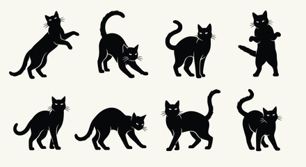 Set of dynamic black cat silhouettes in various playful and active poses, isolated on a light background