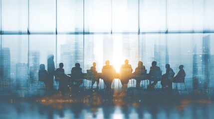 Silhouetted business people gathered around a table in a modern office, with a city skyline visible through large windows