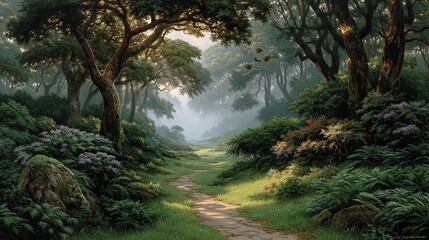 Enchanting forest path bathed in soft sunlight, surrounded by lush greenery and ancient trees, creating a serene and magical atmosphere