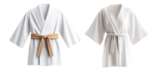 Two elegant white kimonos with brown and white belts isolated on transparency PNG background, against a plain background, Ideal for fashion, style