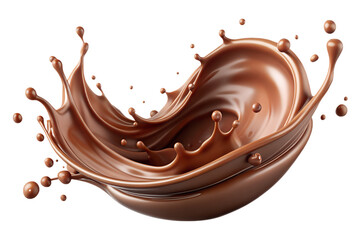 Chocolate Splash with Droplets and Swirls on transparent background