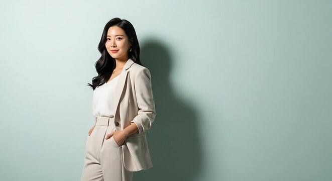 A confident Asian businesswoman in a light-colored suit stands with her hands in her pockets against a pale blue background.