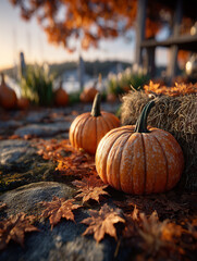 Fototapeta premium Nadmorska sceneria w jesiennej odsłonie z dyniami i snopkiem siana. Opadłe liście w ciepłych odcieniach brązu i pomarańczu pokrywają bruk. W tle widać molo i drzewa.