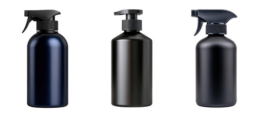 Black spray and pump bottles  backdrop isolated on transparency PNG background, ideal for packaging and branding concepts, Suitable for use in promoting cleaning or beauty products