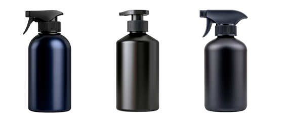Black spray and pump bottles  backdrop isolated on transparency PNG background, ideal for packaging and branding concepts, Suitable for use in promoting cleaning or beauty products