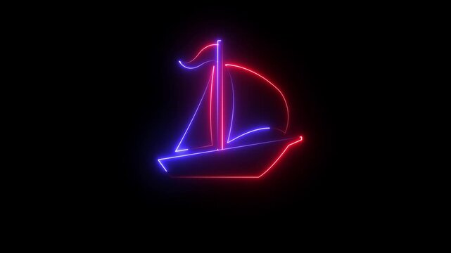 Glowing neon line Toy boat icon isolated on black background. Minimalist sailing adventure symbol. Sail boat marine cruise travel. ail boat and wave motion graphic video template . 4k motion graphics.