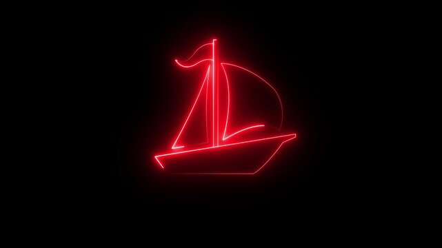 Glowing neon line Toy boat icon isolated on black background. Minimalist sailing adventure symbol. Sail boat marine cruise travel. ail boat and wave motion graphic video template . 4k motion graphics.