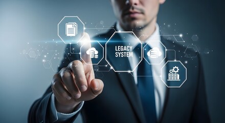 Businessman interacting with a futuristic digital interface displaying business icons and data