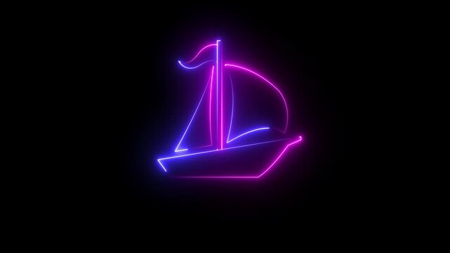 Glowing neon line Toy boat icon isolated on black background. Minimalist sailing adventure symbol. Sail boat marine cruise travel. ail boat and wave motion graphic video template . 4k motion graphics.