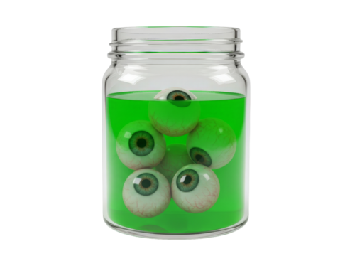 Glass jar filled with eyeballs in green liquid png isolated on transparent background
