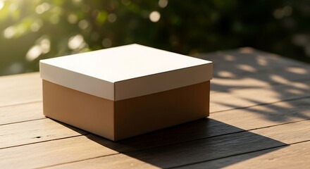 Closed Two-Tone Box on Wooden Table Outdoors with Sunlight and Shadows