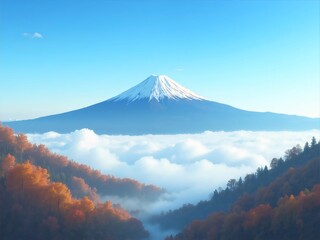 Fototapeta premium Majestic Mountain Peak with Snow Above Clouds and Autumnal Forest in Japan Landscape