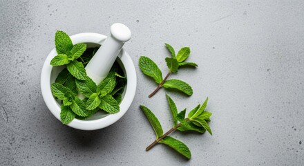 Fresh mint sprigs in a white mortar and pestle on a gray surface
