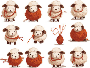 Cute Cartoon Sheep Playing with Red Yarn Balls in Funny Poses, Whimsical Farm Animal Vector for Kids and Craft Themes