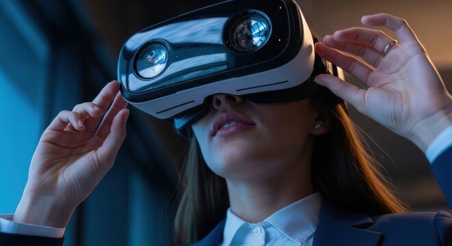 Young caucasian female experiencing virtual reality with vr headset indoors
