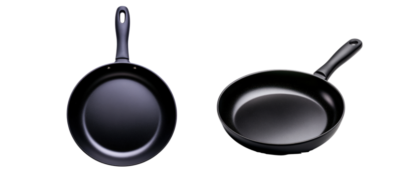 Black non-stick frying pans ; ideal for kitchenware promotions or culinary blog visuals isolated on transparency PNG background, showcasing cookware essentials,