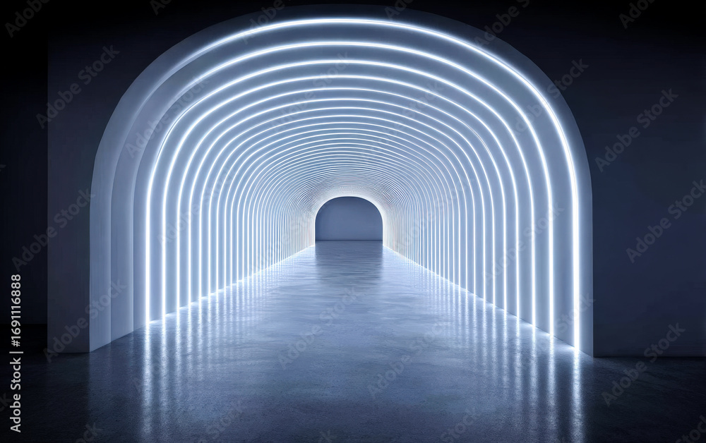 Poster A tunnel with glowing white arches creating a modern and bright visual effect