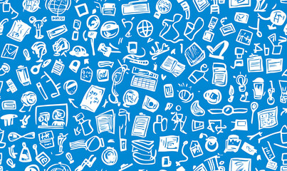 A school-themed background with doodle icons, chalk texture, a white and blue color palette, Back-to-school doodle background with white icons on blue chalkboard paper, Vector illustration, high resol