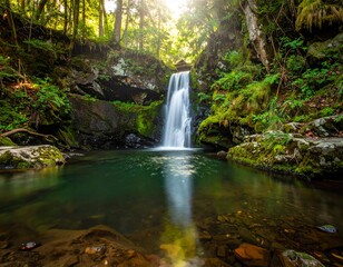 Fototapeta premium Sunlight filters through a lush forest canopy, illuminating a secluded waterfall cascading into a tranquil emerald pool
