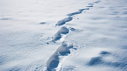 Naklejka premium Winter’s Trail: Serene Footprints in Snowy Field Landscape – A Winding Path of Boot Prints Stretching Across Untouched White Snow, Flanked by Frost-Kissed Grass Blades and Bare Tree Branches