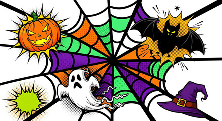 Spooky Halloween icons including a ghost, pumpkin, bat, and witch hat on a colorful web