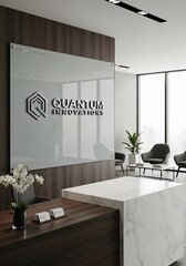 A modern, minimalist office reception area showcases a sleek, gray glass panel with a stylized , complemented by warm-toned wood paneling and a pristine white marble countertop.