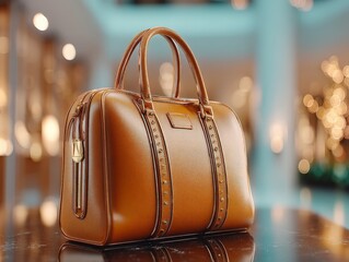 A luxurious, textured brown leather handbag with intricate stitching, displayed on a reflective surface
