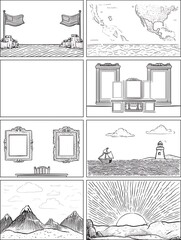 Create 8 distinct square 2D doodlestyle backgrounds for a childrens whiteboard animation Pequenos Patriotas simple black line art on white background minimal