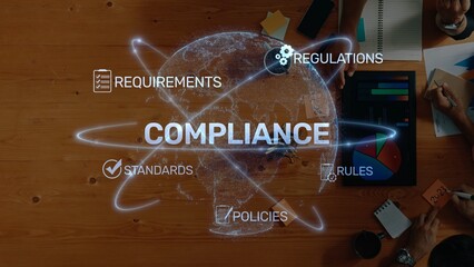 Concept of global compliance illustrated with regulations and requirements over a world map,...