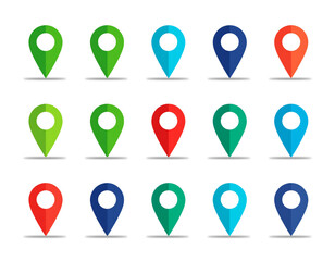 Colorful map location pins markers pointers gps navigation destination travel point icons set for web design