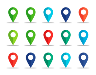 Colorful map location pins markers pointers gps navigation destination travel point icons set for web design