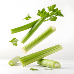 Fototapeta premium Fresh celery stalks levitate against a clean white background.