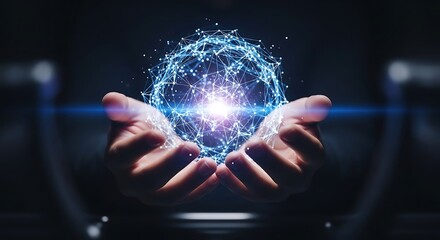 Human Hands Holding a Glowing Abstract Digital Network Sphere