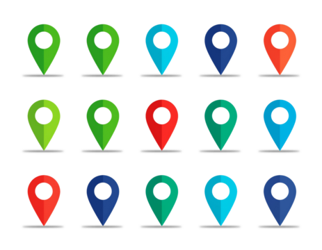 Colorful map location pins markers pointers gps navigation destination travel point icons set for web design