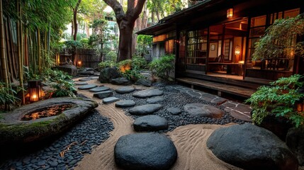 Serene japanese garden path with stepping stones, bamboo, and lanterns creating a tranquil and inviting atmosphere at dusk
