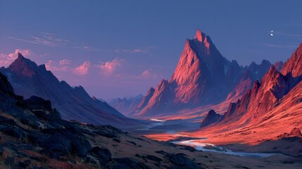 A majestic mountain range illuminated by the warm glow of sunset, with a winding river flowing through the valley below