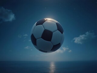 Fototapeta premium 浮かぶサッカーボールと穏やかな海 夜空の背景に輝くボール 海面に反射する光